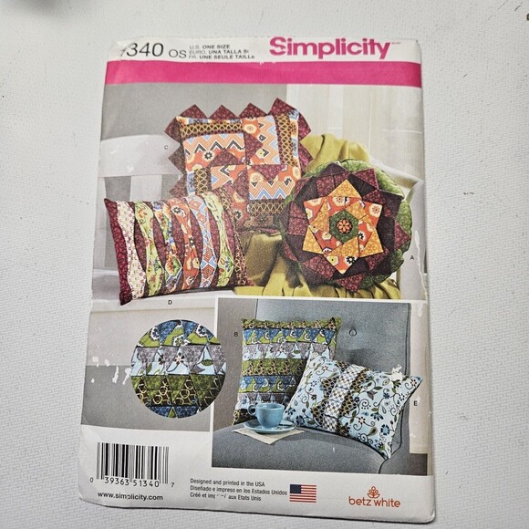 Simplicity Pattern #1340 Decorative Patchwork Pillows Square Rectangle Uncut - Picture 2 of 7